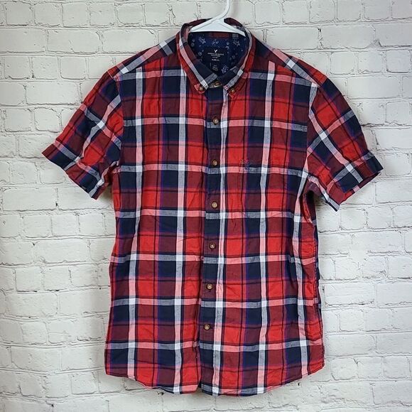 American Eagle Men Small Slim Fit Red Blue Plaid Button Down Short Sleeve Shirt - Picture 6 of 6